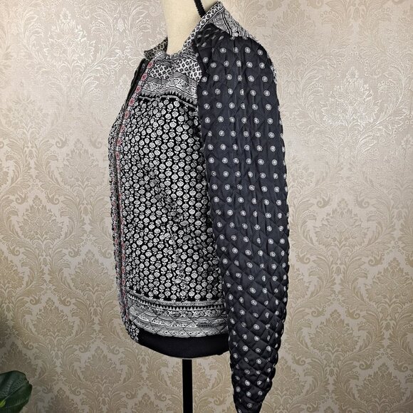 Roxy Size Medium Full Zip Quilted Black & White Patterned Jacket Pink Accents - Picture 5 of 13